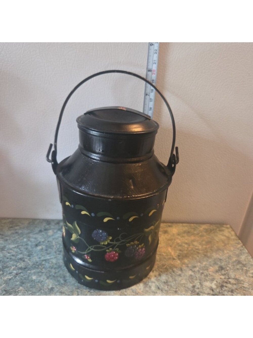 8” Tin Milk Can with Lid & Handle Vintage Toleware Handpainted Blackberry Design
